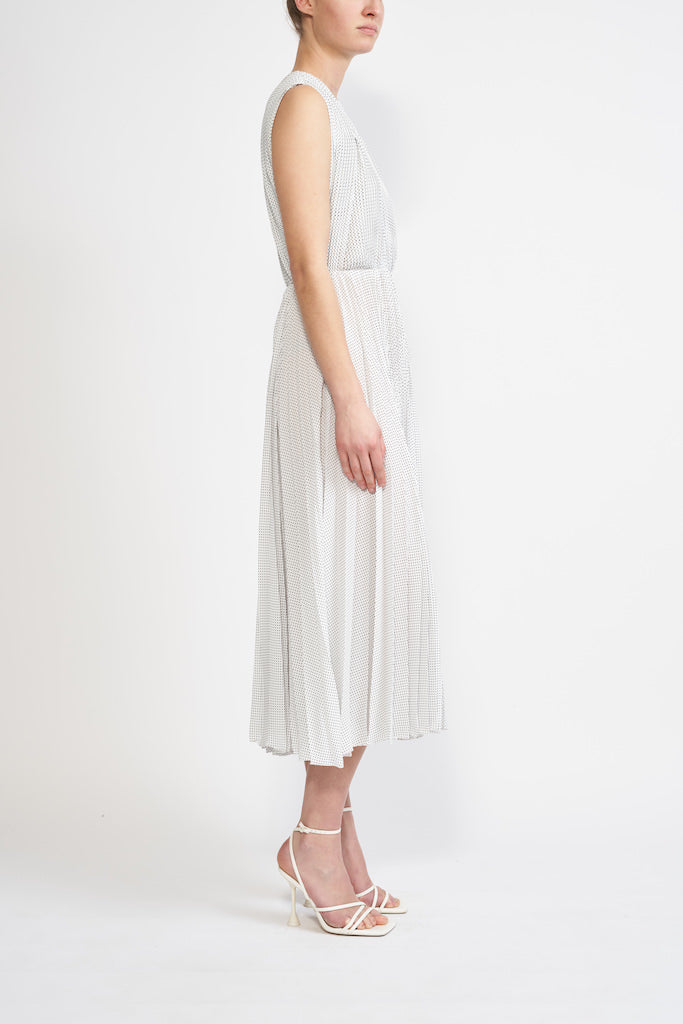 FLO WHITE WITH BLACK MICRO DOTS PLEATED DRESS