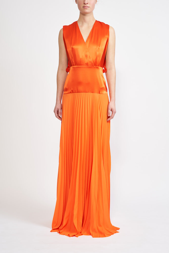 LALI SILK SATIN SUSTAINABLY SOURCED PLEATED CHIFFON ORANGE GOWN