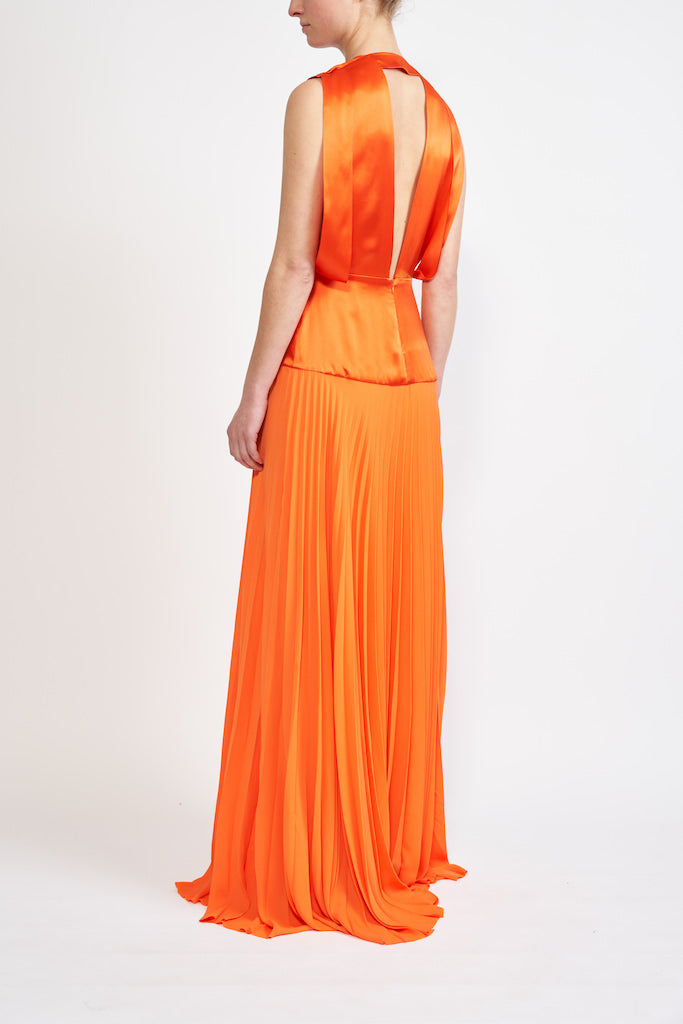 LALI SILK SATIN SUSTAINABLY SOURCED PLEATED CHIFFON ORANGE GOWN