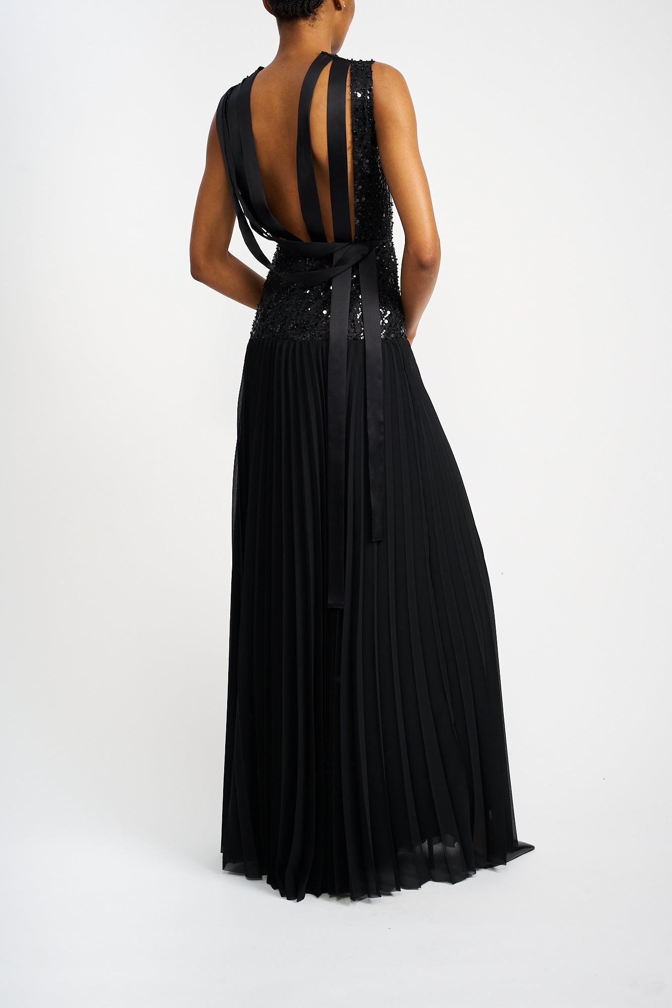 ESTA BLACK SILK AND PLEATED CHIFFON DRESS - E.STOTT
