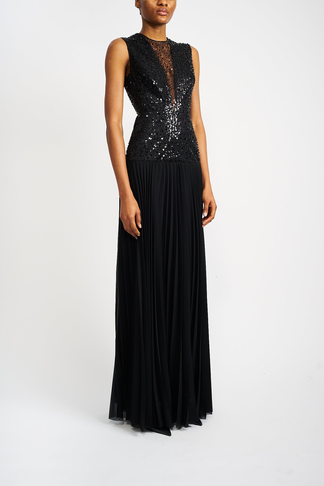 ESTA BLACK SILK AND PLEATED CHIFFON DRESS - E.STOTT