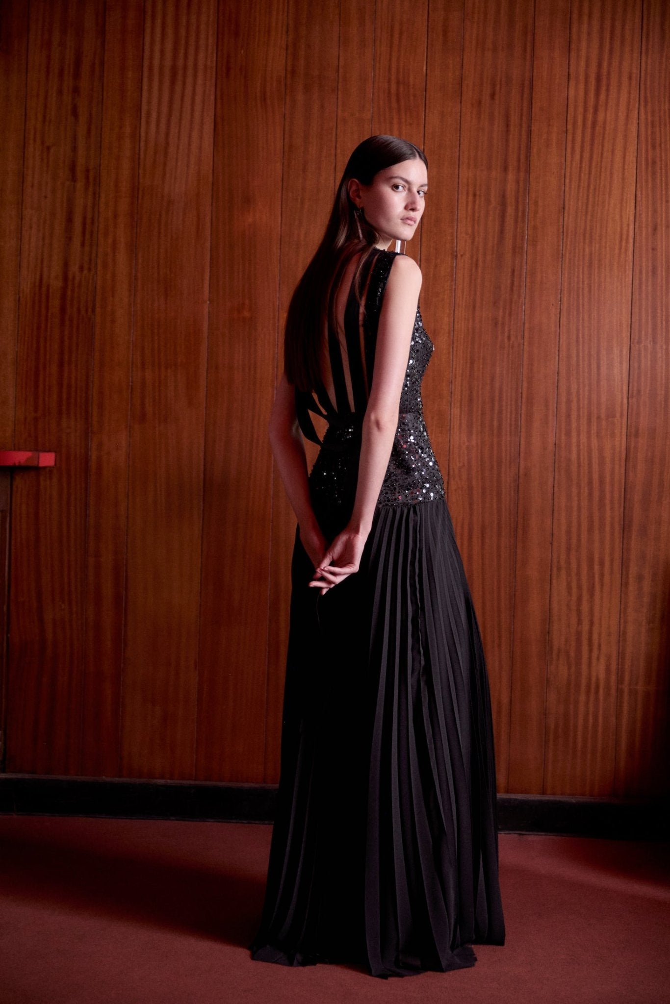 ESTA BLACK SILK AND PLEATED CHIFFON DRESS - E.STOTT