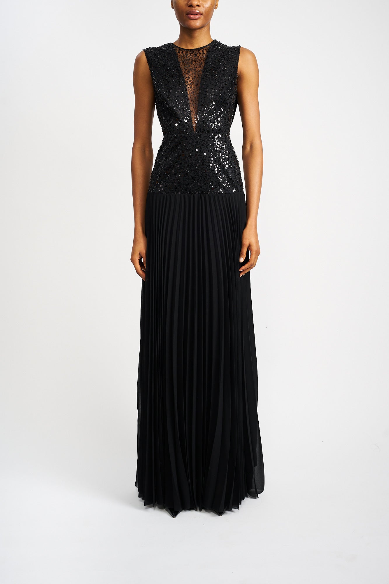 ESTA BLACK SILK AND PLEATED CHIFFON DRESS