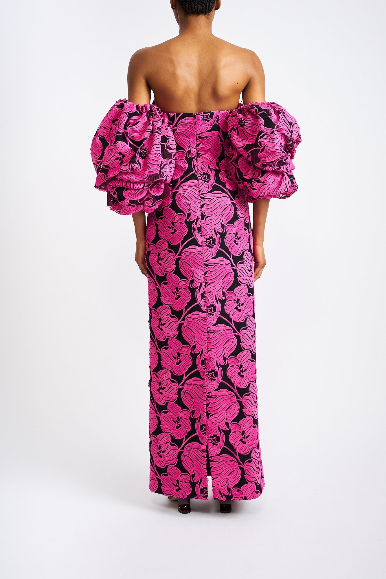MEIRA MAGENTA FLORAL BLACK EMBROIDERED LACE DRESS - E.STOTT