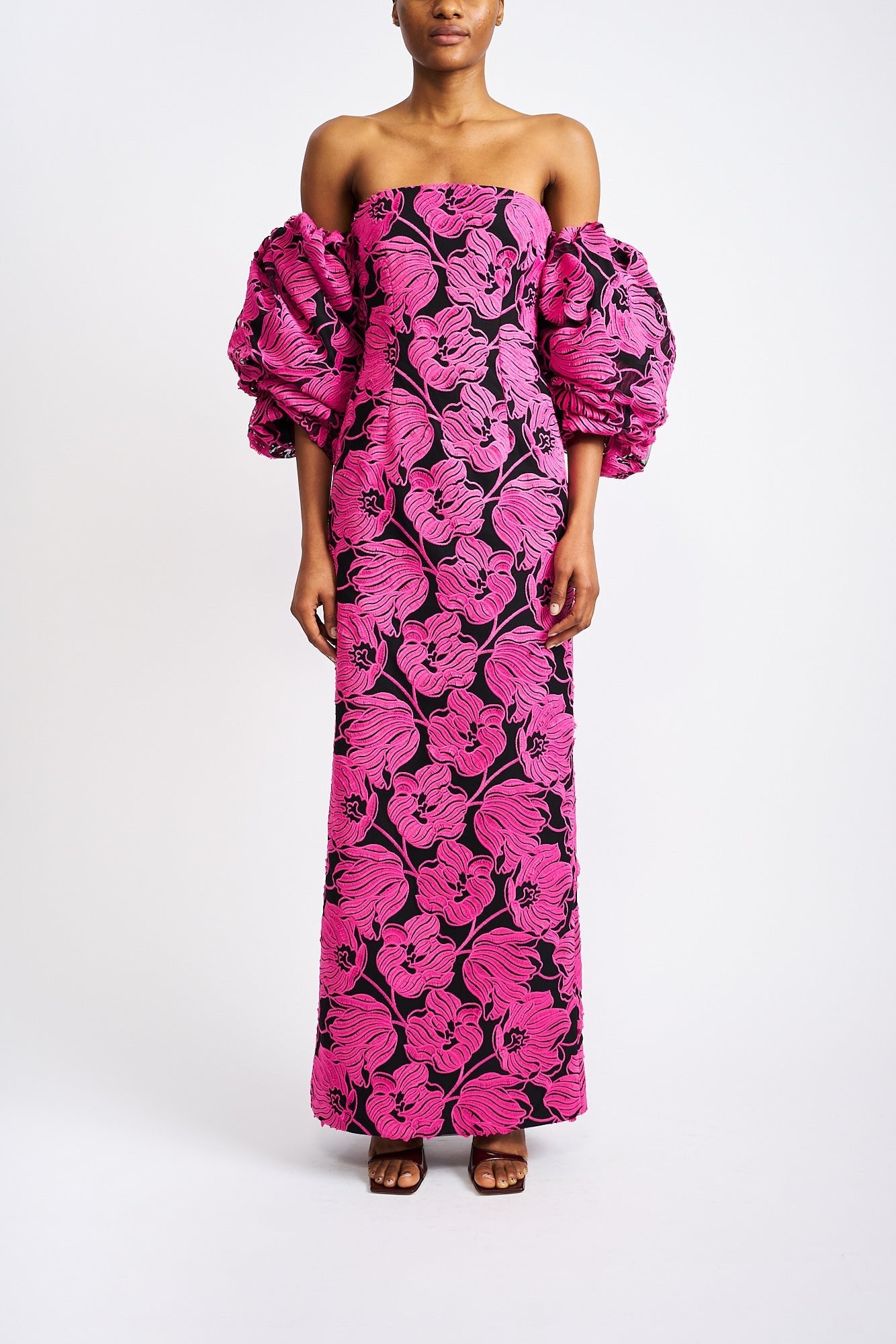 MEIRA MAGENTA FLORAL BLACK EMBROIDERED LACE DRESS - E.STOTT