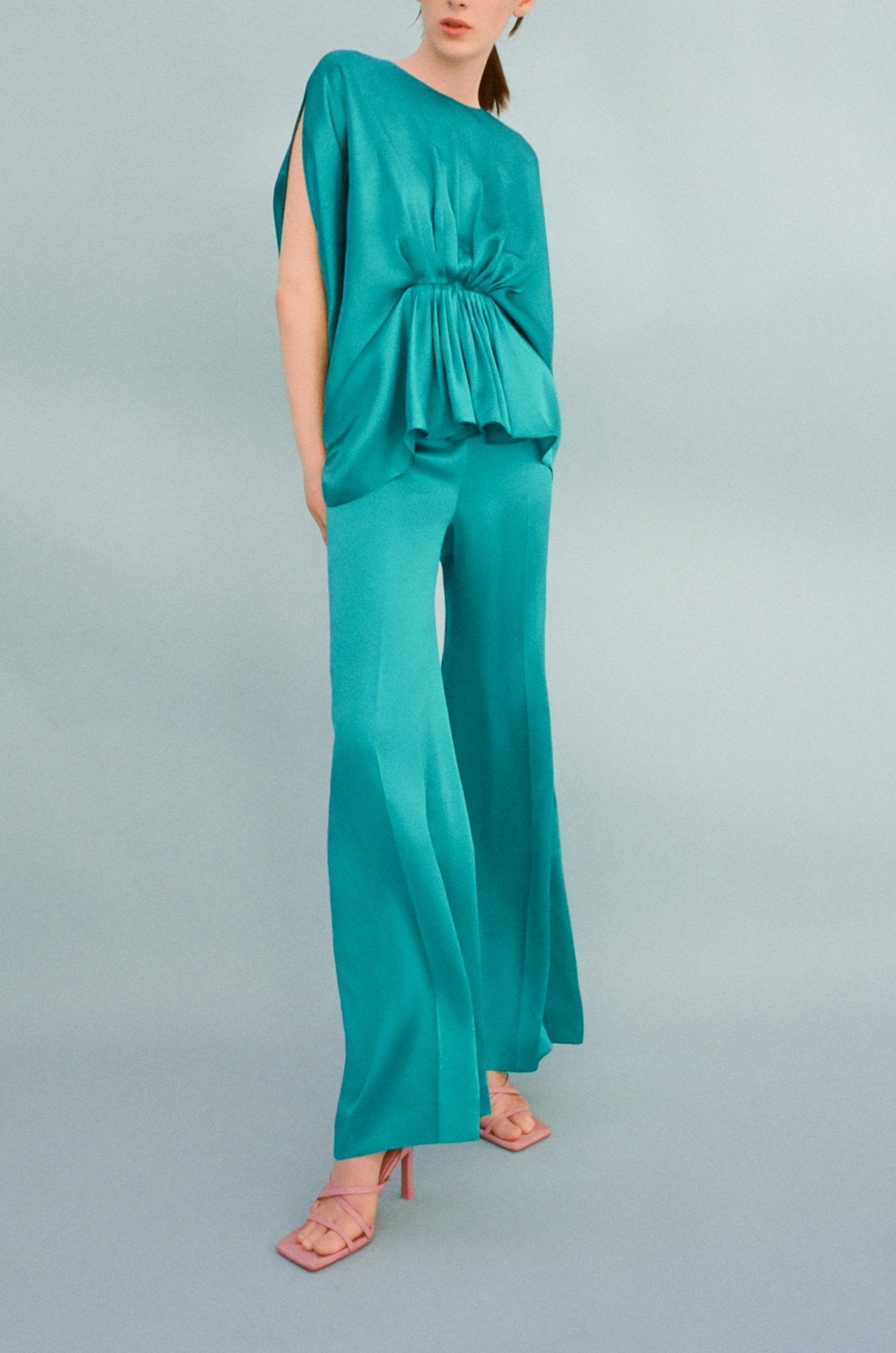 SAFFRON TROUSER TURQUIOSE BLUE SILK SATIN - E.STOTT