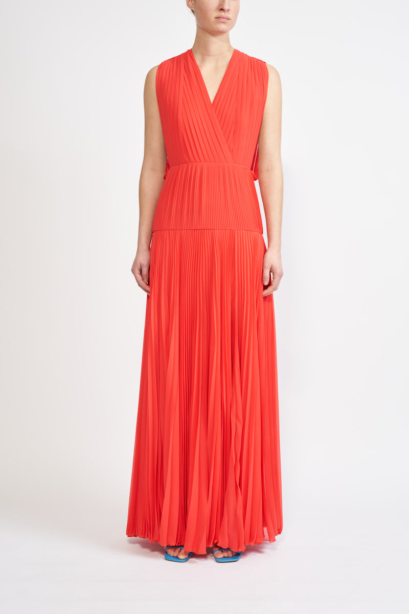 ANNIE SUSTAINABLY SOURCED PLEATED CHIFFON CORAL GOWN