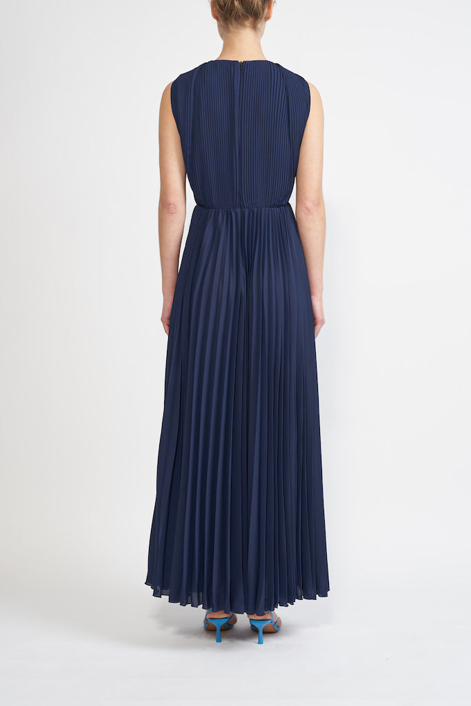 MIRA SUSTAINABLY SOURCED PLEATED NAVY DRESS