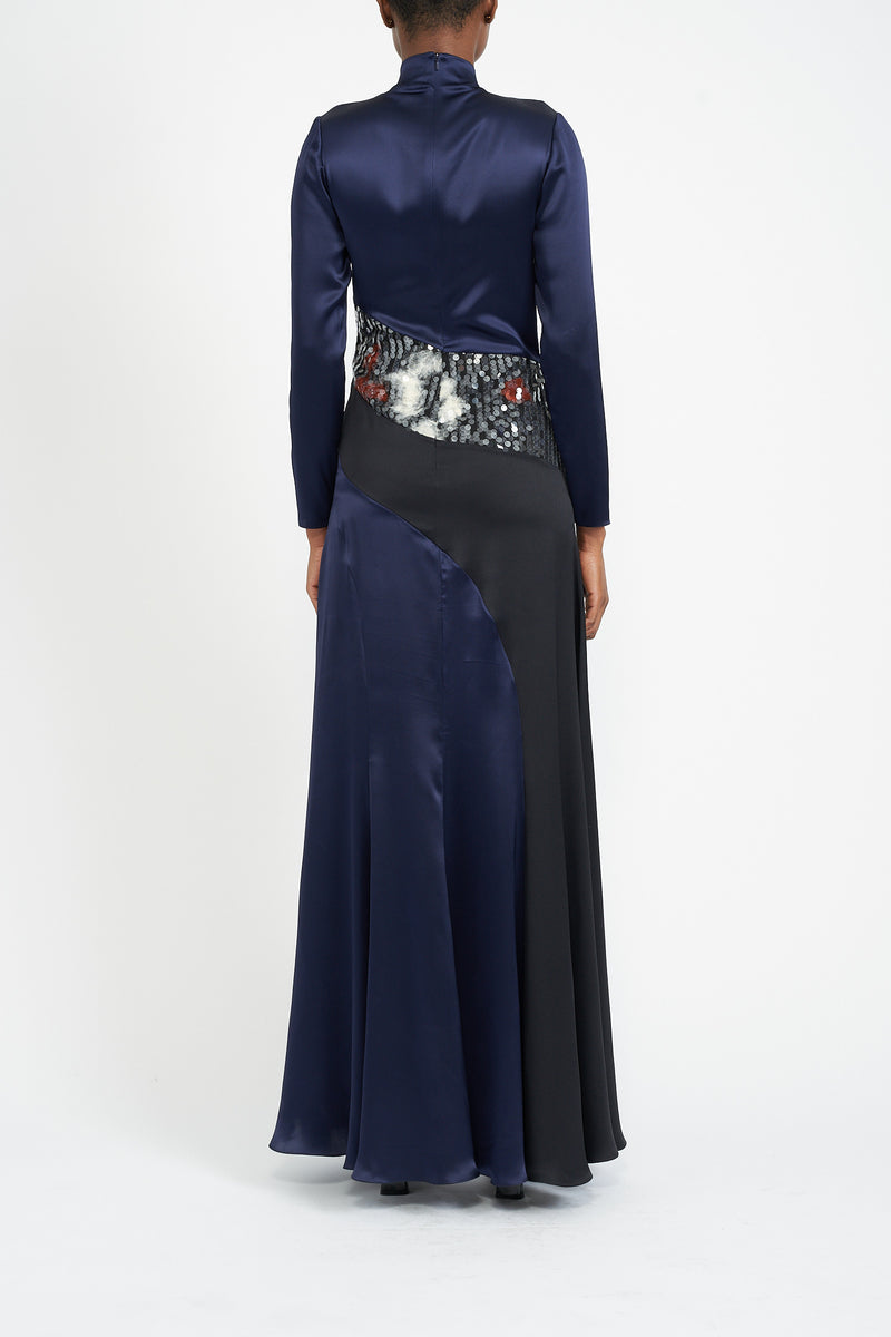 BAYLEE NAVY BLUE SILK SATIN SUSTAINABLY SOURCED SEQUIN DRESS