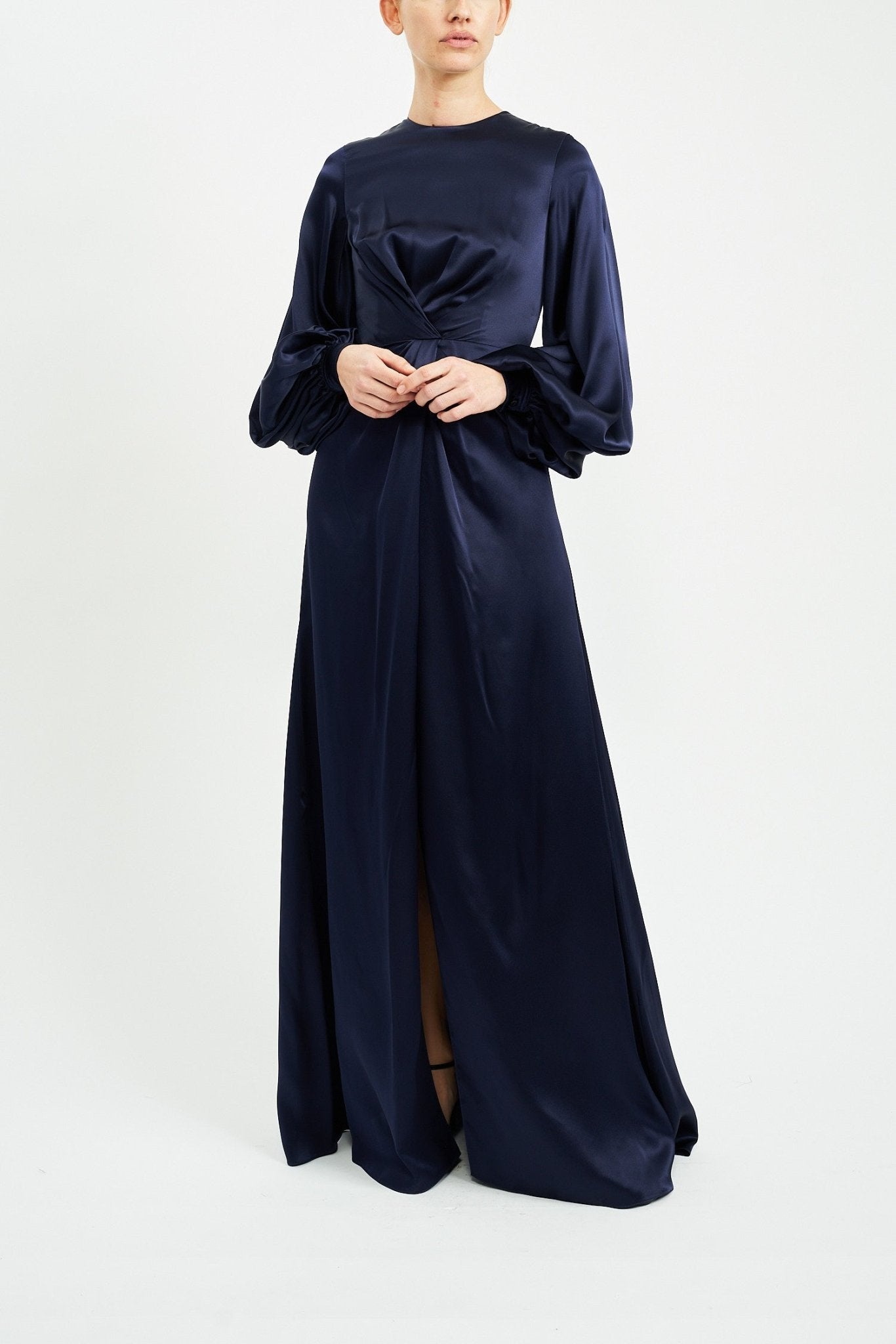 CALYPSO NAVY SILK SATIN DRESS - E.STOTT