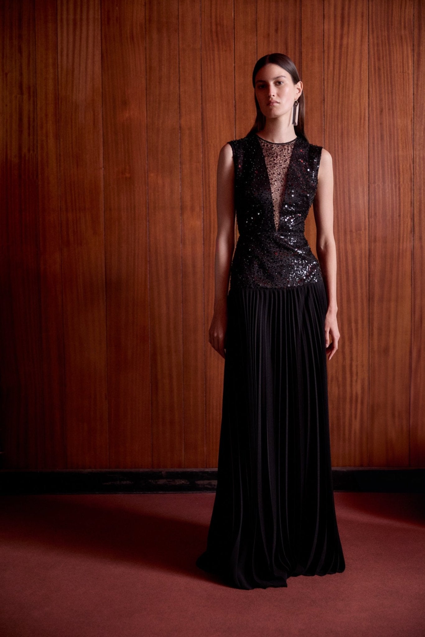 ESTA BLACK SILK AND PLEATED CHIFFON DRESS - E.STOTT