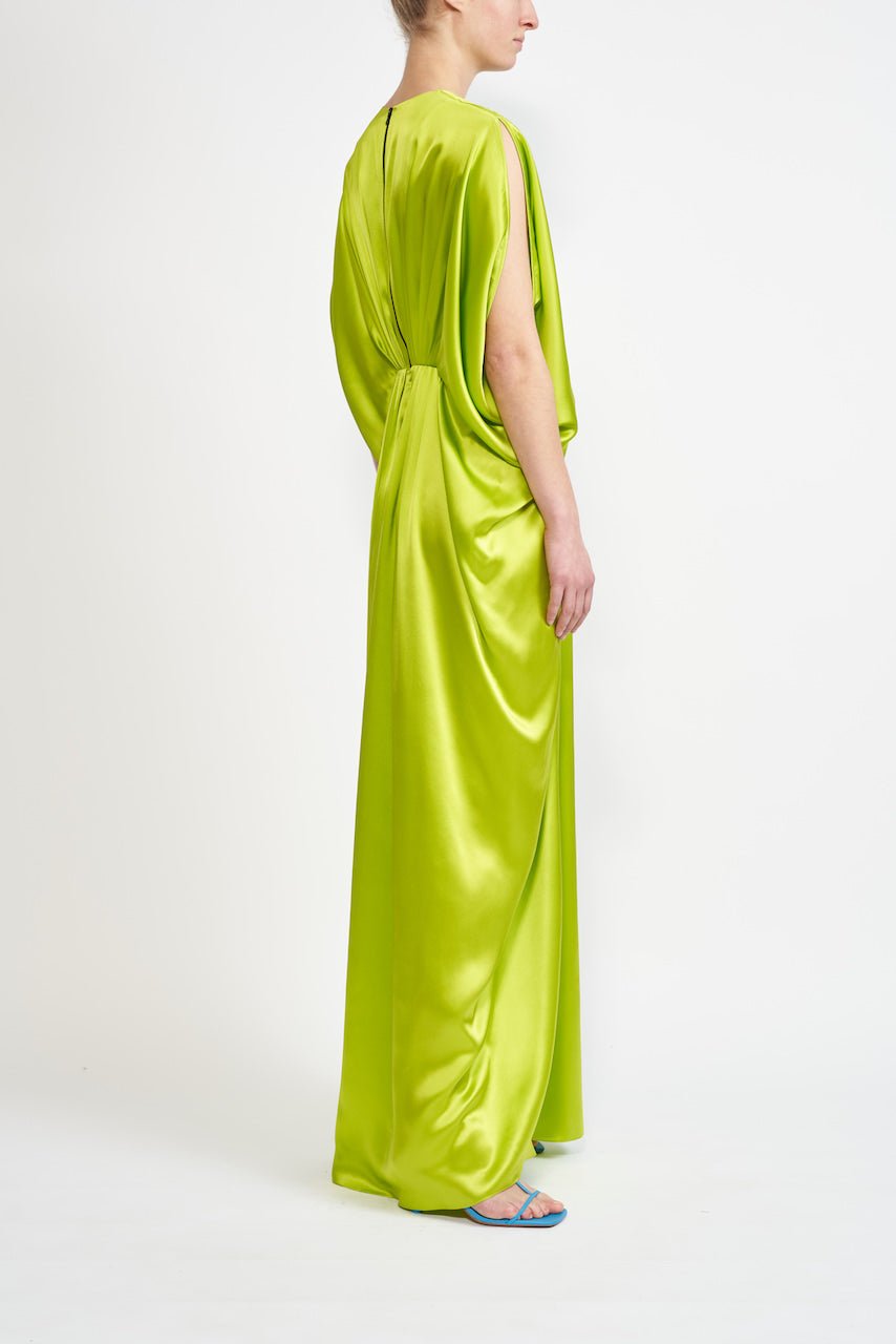 HIROKO DRESS LIME GREEN SILK SATIN - E.STOTT