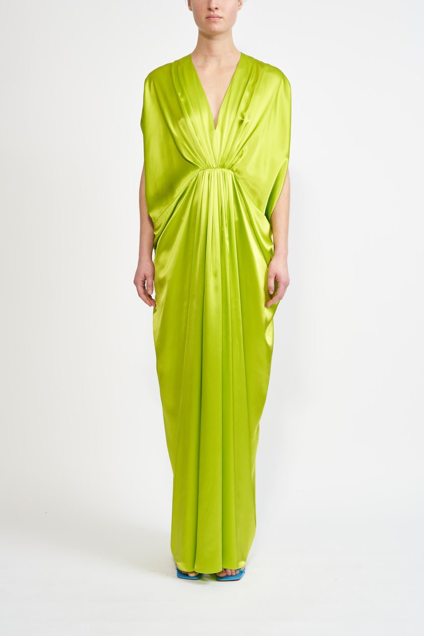 HIROKO DRESS LIME GREEN SILK SATIN - E.STOTT