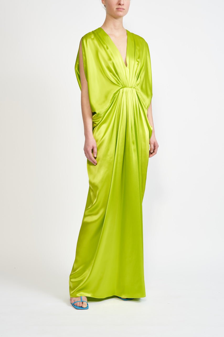 HIROKO DRESS LIME GREEN SILK SATIN - E.STOTT