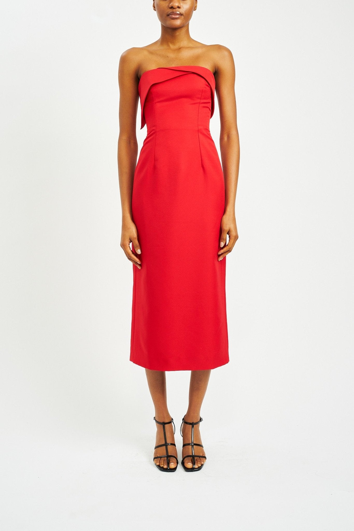 INES RUBY RED SUSTAINABLY SOURCED TWILL DRESS - E.STOTT