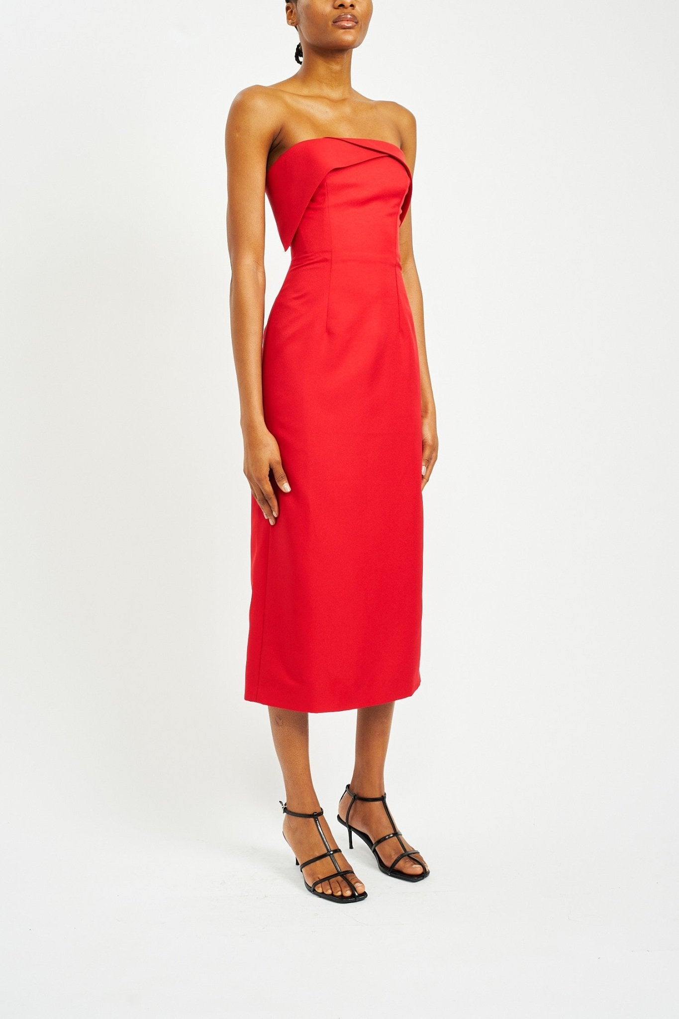 INES RUBY RED SUSTAINABLY SOURCED TWILL DRESS - E.STOTT