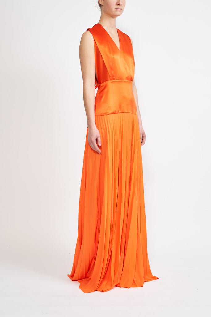 LALI SILK SATIN SUSTAINABLY SOURCED PLEATED CHIFFON ORANGE GOWN - E.STOTT