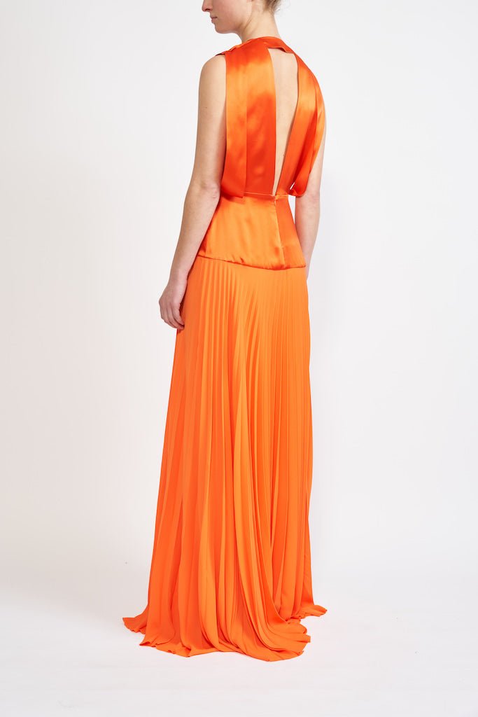 LALI SILK SATIN SUSTAINABLY SOURCED PLEATED CHIFFON ORANGE GOWN - E.STOTT