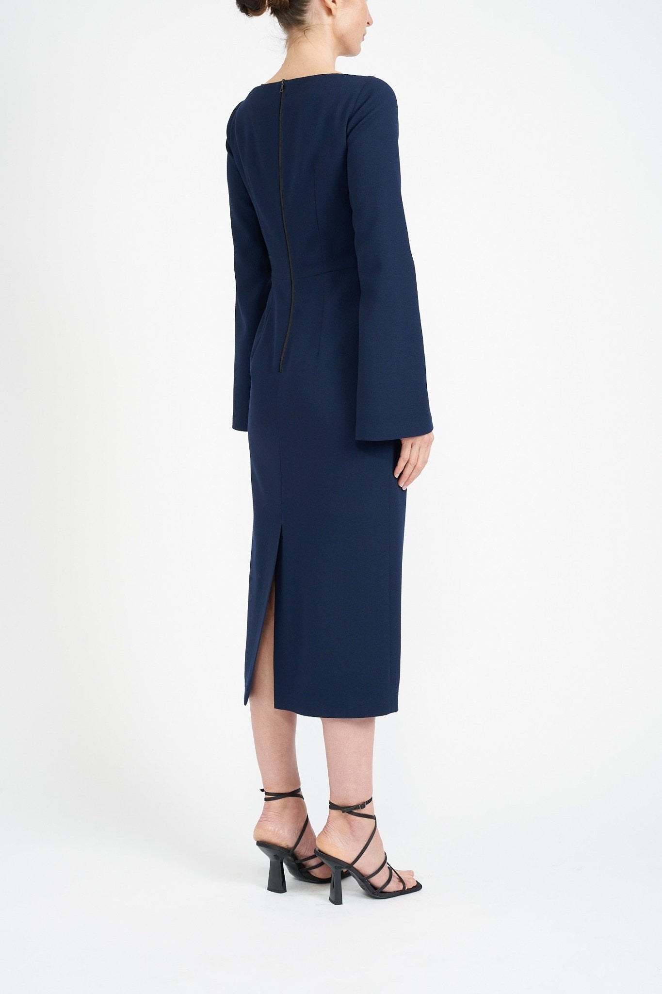 MARISA NAVY WOOL CREPE FLARED SLEEVE DRESS - E.STOTT
