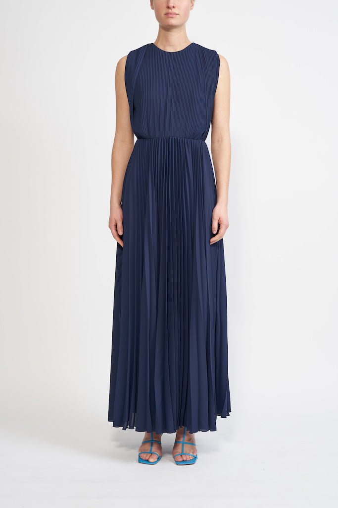 MIRA SUSTAINABLY SOURCED PLEATED NAVY DRESS - E.STOTT