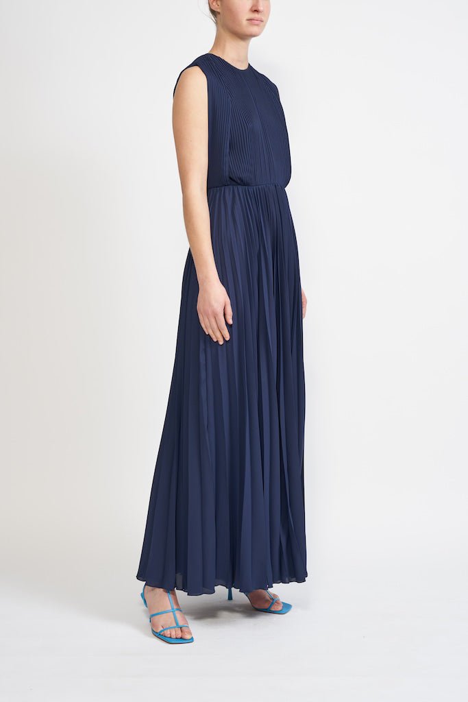 MIRA SUSTAINABLY SOURCED PLEATED NAVY DRESS - E.STOTT