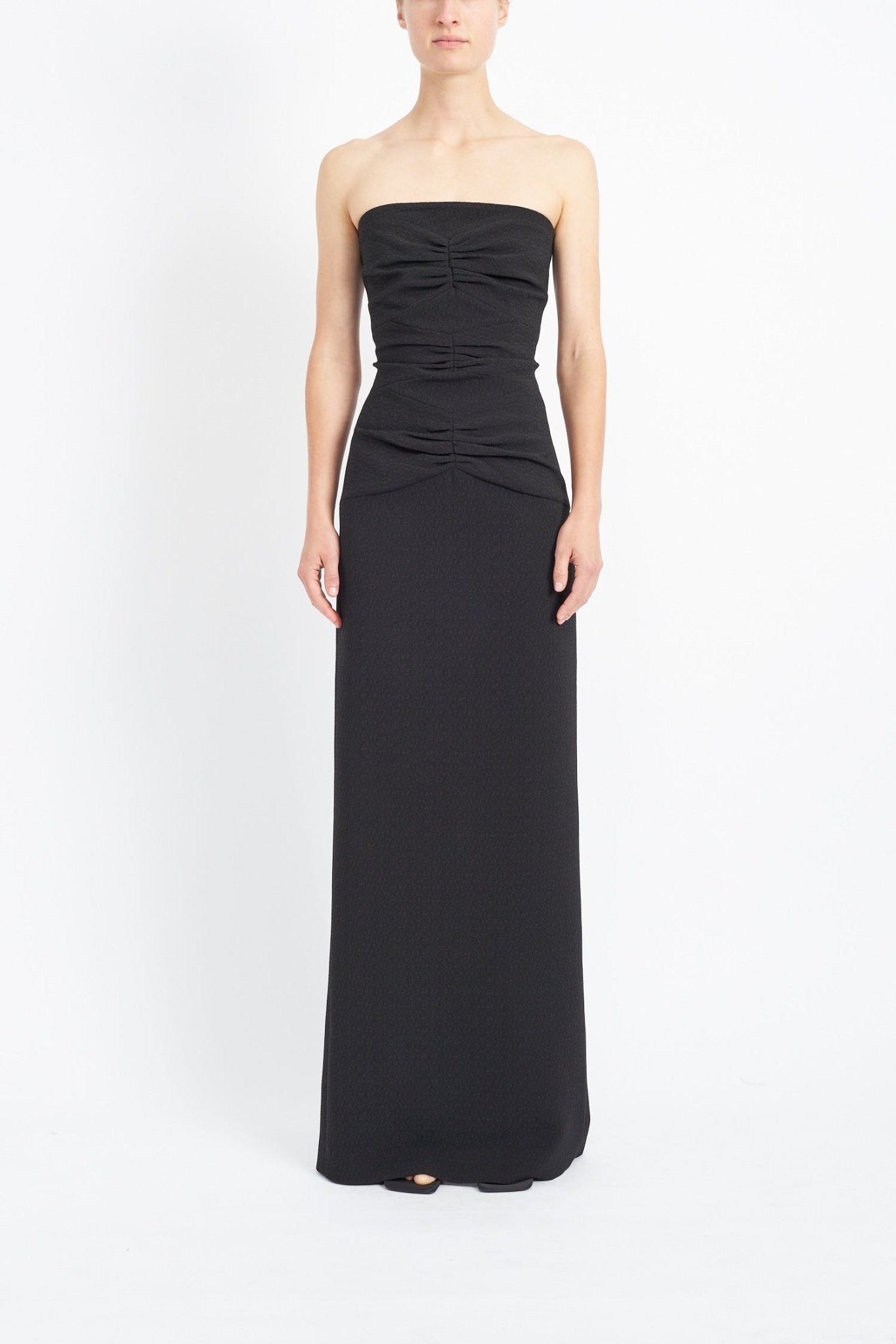 WALLIS BLACK GATHER FRONT STRAPLESS DRESS - E.STOTT